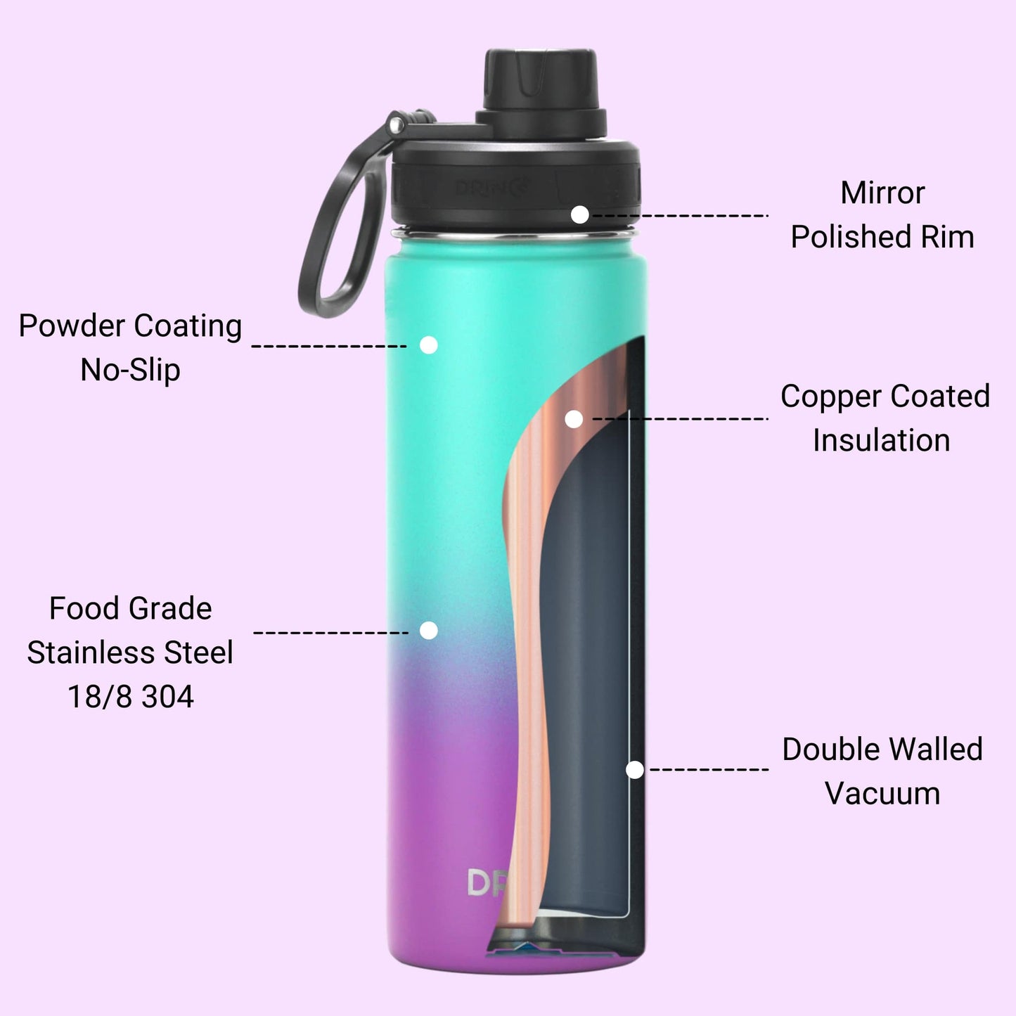 DRINCO 22oz Insulated Water Bottle — Ombre Fuschia Teal