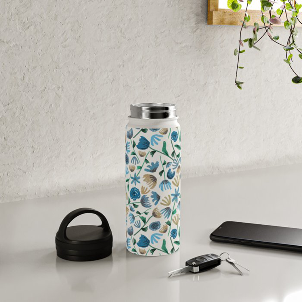 Blue Ink Floral Handle-Lid Insulated Water Bottle