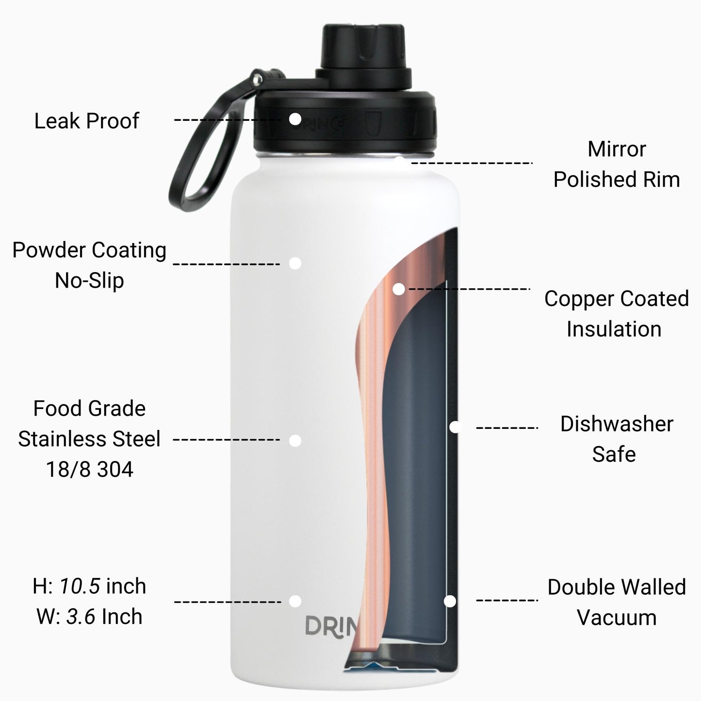 DRINCO 32oz Insulated Water Bottle — Artic White
