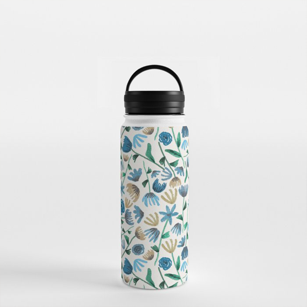 Blue Ink Floral Handle-Lid Insulated Water Bottle
