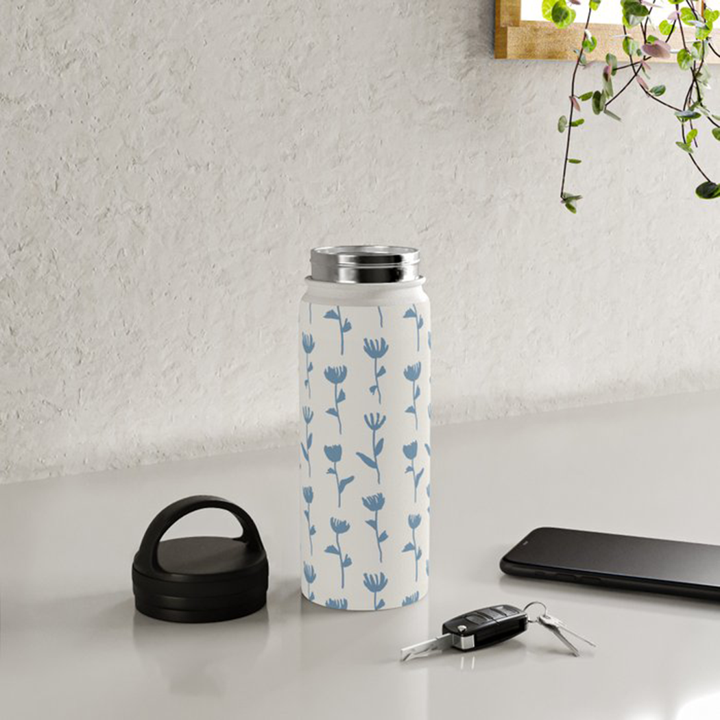Light Blue Flower Handle-Lid Insulated Water Bottle