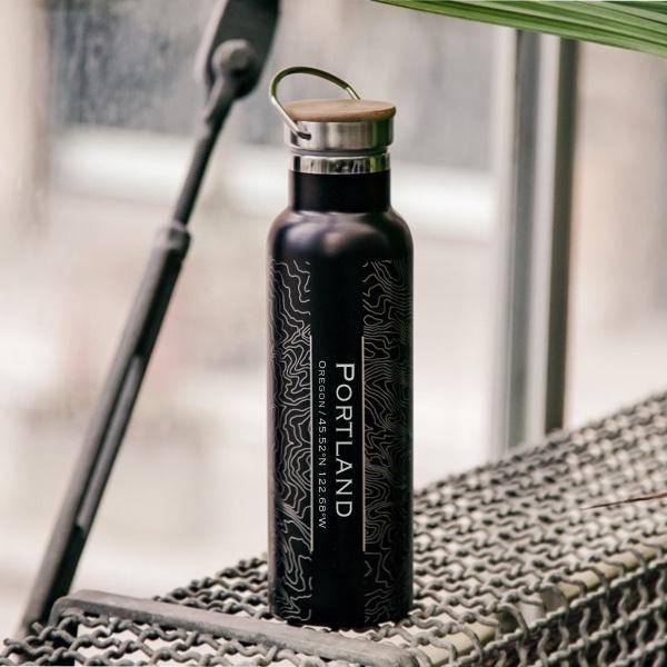 Portland, Oregon Map Bottle — Bamboo Top, Matte Black